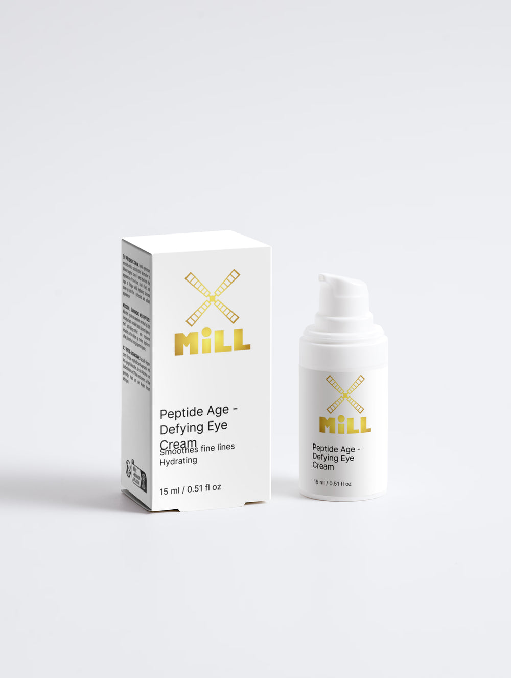 Creme de Olhos MiLL Antienvelhecimento com Péptidos, frasco e caixa