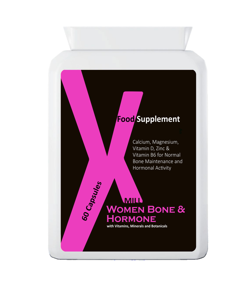 Embalagem frontal do suplemento XMill para suporte ósseo e hormonal na menopausa, 60 cápsulas