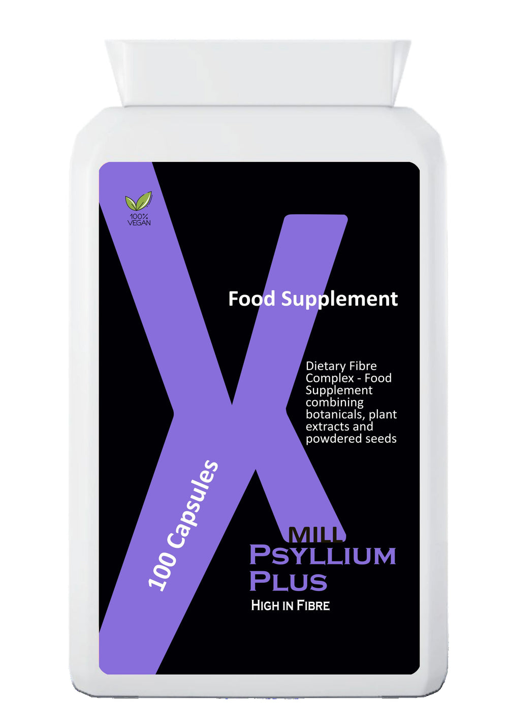 Embalagem frontal do Psyllium Plus XMill, complexo de fibras com 100 cápsulas
