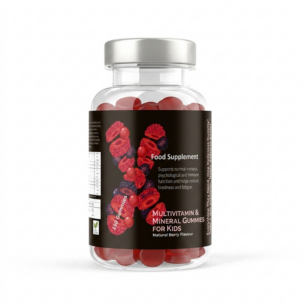 Frasco de gomas multivitamínicas e minerais XMill para crianças com sabor a frutos vermelhos