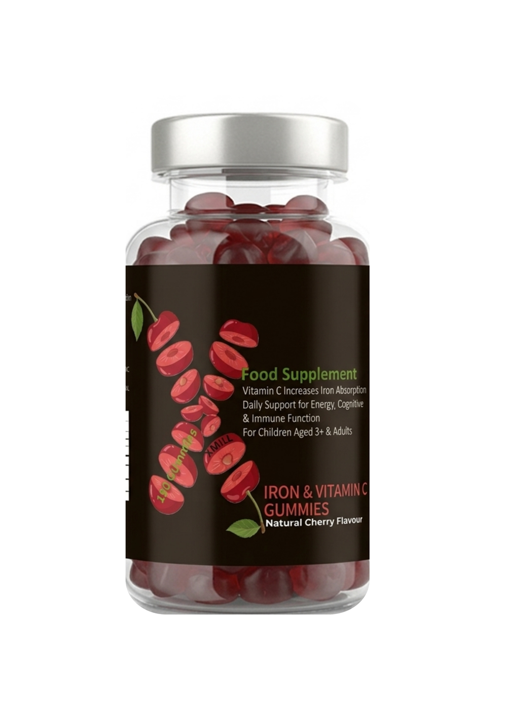 Frasco de gomas de ferro e vitamina C XMill com sabor a cereja