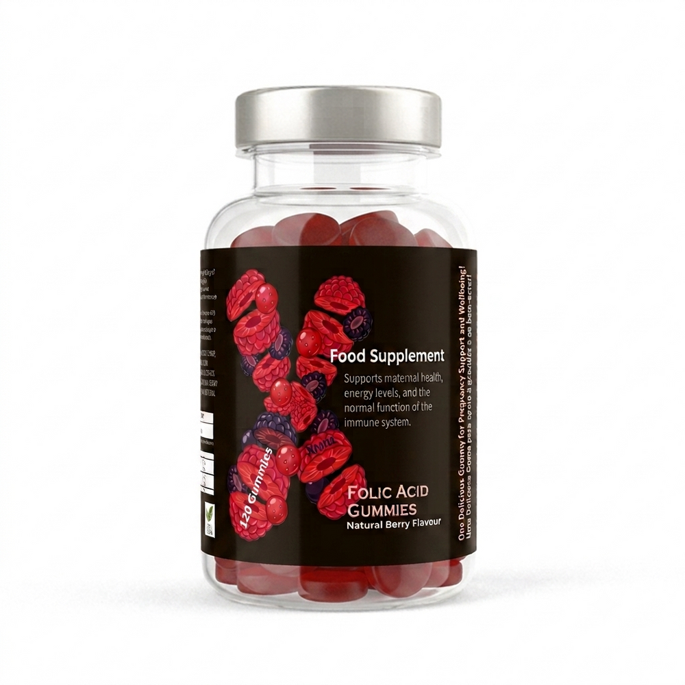Frasco de gomas de ácido fólico 400 µg XMill com sabor a frutos vermelhos