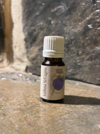 Frasco de óleo essencial Verbena Selvagem com tampa branca e rótulo botânico roxo, sobre fundo cinzento.