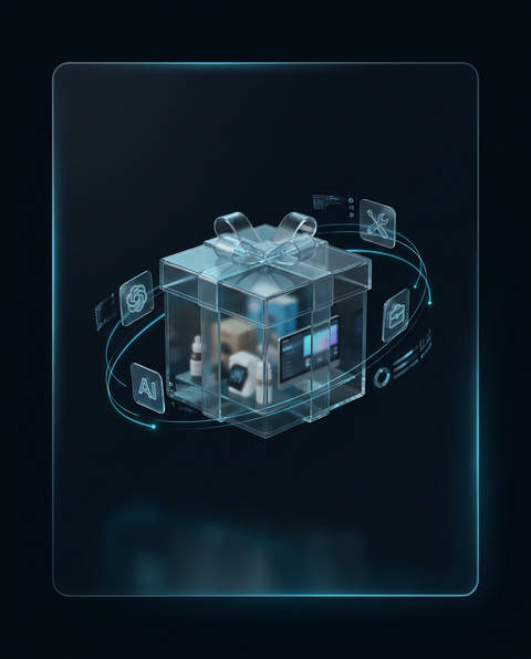 Caixa-presente digital XMill TOP com ícones de inteligência artificial e ferramentas online